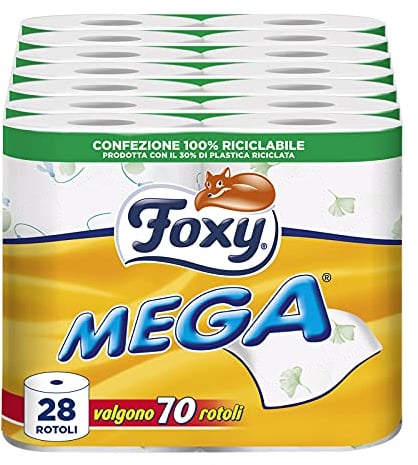 Foxy MEGA | Papier toilette longue durée | 28 rouleaux | 500 feuilles par rouleau | Papier 100% certifié PEFC™ | Décoré | Emballage 100% recyclable