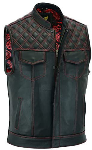 Leatherick Groove Club Hommes Gilet Cuir Biker - Doublure Traditionnelle En Satin Paisley (FR/ES, Numérique, 52, Taille normale, Taille normale)
