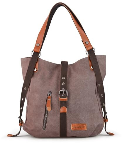 SHANGRI-LA Canvas-Tragetasche, Handtasche, lässige Geldbörse, Schultertasche für Damen, wandelbarer Rucksack, Kaffee 2, Medium