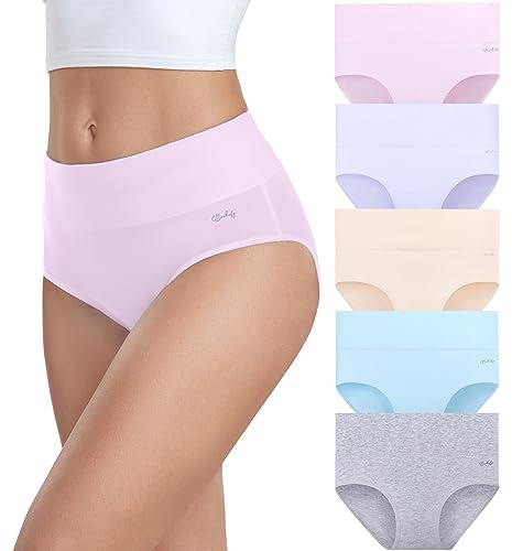 coskefy Underwear Women, High Waisted Cotton Knickers Ladies Full Briefs Soft Panties Slight Tummy Control Pants 5 Pack