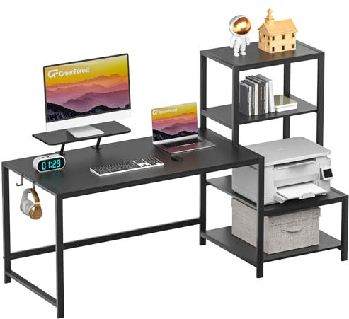 GreenForest Computer Desk 59 inch with Storage Printer Shelf Reversible Home Office Desk with Movable Monitor Stand and 2 Headphone Hooks for Study Writing PC Gaming Working, Black