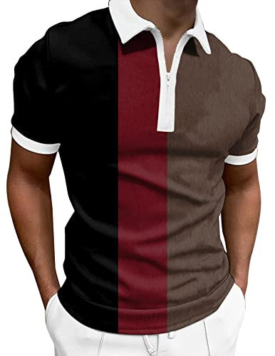 T-Shirt Shirt Top Herren Frühjahr und Sommer Mode Revers Reißverschluss Kurzarm Bedruckt (3XL,5Wein)