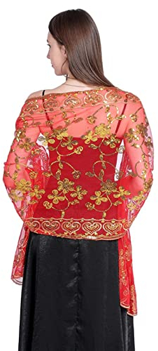 GIBZ Damen Bestickt Glitzer Schal Dünn Vintage Floral Stola Wraps mit Pailletten für Hochzeit Abendkleider, Gold & Rot