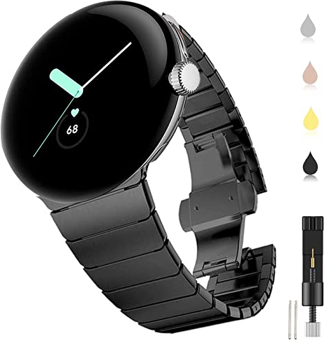 Miimall Metall Armband Kompatibel mit Google Pixel Watch 3 41mm/Pixel Watch 2/Pixel Watch Armband, Edelstahl Band Non-Gap Verstellbares Ersatzarmband für Pixel Watch 1/2/3 41mm-Schwarz