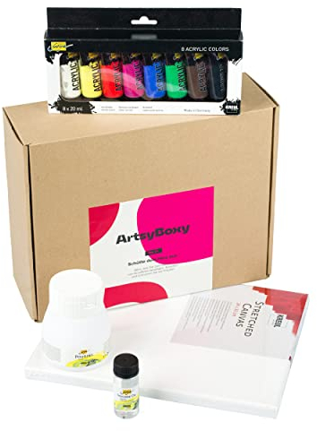 creotio.art Pouring Set mit Acrylfarben, Kreative Malen Set, Kit inkl. Pouring Medium, Silikonöl und Leinwand 24x30cm