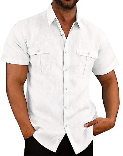 VUIOYRG Stretch Short Sleeve Shirt with Pockets,Men's Summer Cotton Button Down Casual Shirts,Plain Regular Fit Casual Business Shirt, Lightweight Beach Tops (White,XL)