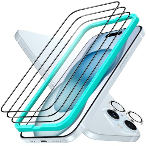 ESR Armorite Protectores de Pantalla para iPhone 15 Plus, Cristal Templado Ultrarresistente, Ajuste, Pack de 3 con 1 Set de Protectores Individuales para Lentes de la Cámara
