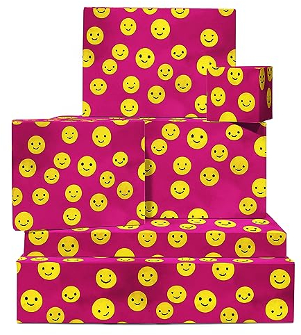 Rosa Geschenkpapier – 6 Blatt Öko-Geburtstagsgeschenkpapier – Gelber Smiley – Für Frauen und Mädchen – Mit Aufklebern – Recycelbar – Von Central 23