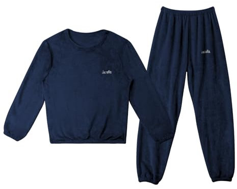 LACOFIA Pigiami Pile Due Pezzi da Bambino Pigiama Set Invernale di Caldo Abbigliamento da Notte a Maniche Lunghe Bimbo Blu Marino 3-4 anni/100