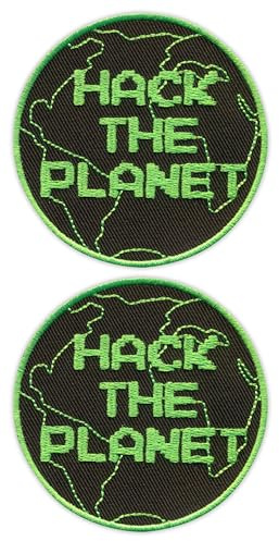 Set von zwei – Hack The Planet – Schwarz VeIcro/Klettverschluss-Rückseite – gestickter Aufnäher/Abzeichen/Emblem