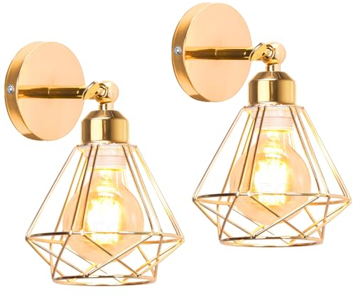 iDEGU 2 Stücke Vintage Wandlampe 16cm Wandleuchte Industrial Design Geometrischem Käfig Eisen Lampenschirm Retro Lampe Verstellbare Deckenleuchte Wandleuchte für Wohnzimmer Flur Küche (Typ-C Gold)