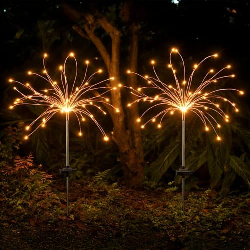 Lumiled 2x Solarleuchte Feuerwerk Solarlampe mit Erdspieß Pusteblume Warmweiß 3000K IP44 Solar Gartenleuchte 90 cm für außen Garten Wegbeleuchtung Bodenleuchte