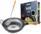 CLP Wok-Set aus Karbonstahl I Flacher oder runder Boden für Gas, Induktion und Grill I Wokpfanne mit Holzgriff, Rezeptbuch & Wokwender, Form:flach