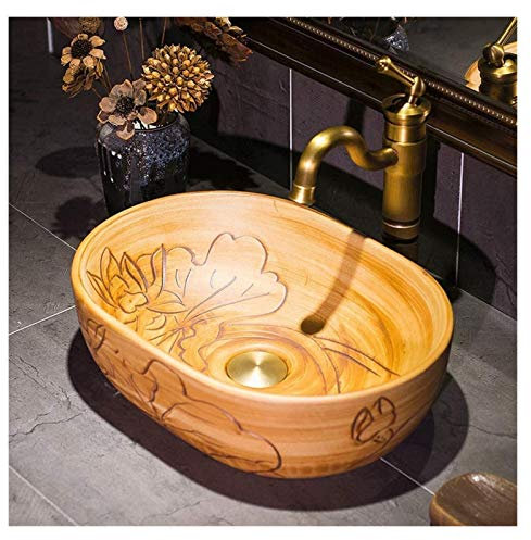 Lavabo de baño sobre encimera Lavabo de baño sobre encimera Lavabo de baño Ovalado de Porcelana de imitación de Madera Lavabo de encimera,Lavabo para encimera