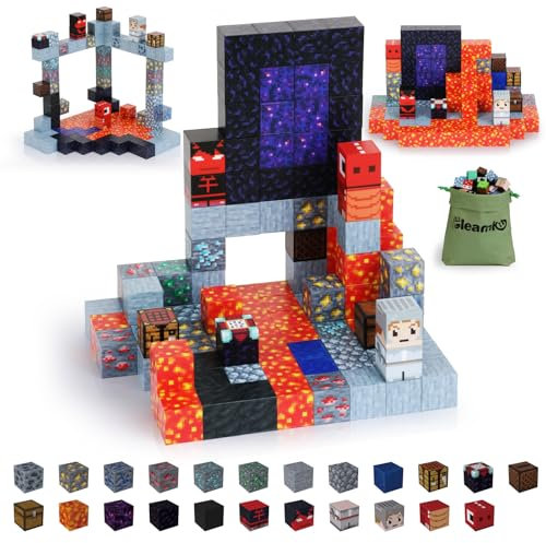 Gleamkid Magnetische Bausteine, 115 Stück Magnetische Blöcke,Magnet bausteine Baue Lava Fluss, Vulkan, Dinosaurier Welt Abenteuer Block Spiel für Jungen und Mädchen ab 3 Jahren