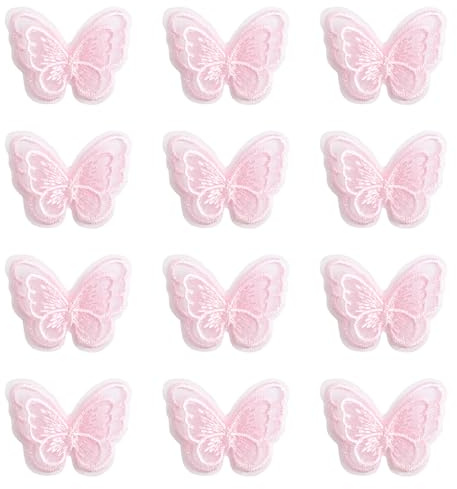 URROMA Lot de 12 décorations en dentelle 3D en nylon avec motif papillon rose fait à la main double couche d'organza pour couture, broderie, pinces à cheveux, rideaux