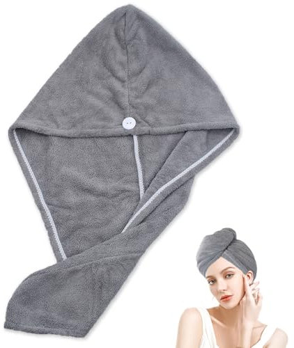 JJHXM 1 Stück mikrofaser Handtuch Haare,haarturban,urban Handtuch mit knopf,haarhandtuch,Xtra Saugfähig,Schnelltrocknendes Turban Handtuch,für Zuhause, Reisen,Fitnessstudio(grau)