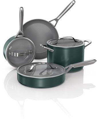 Ninja NeverStick Ceramic Pro 7-Piece Cookware Set, Non-Stick Pots, Pans, Glass Lids, Ceramic Coated, Stainless Steel Handles, Stove to Oven Safe, All Stovetops & Induction Compatible, Green, CW39007GN