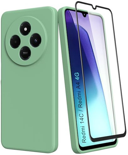 HHUIWIND Cover Compatibile con Xiaomi Redmi A4 5G / Redmi 14C 4G e Vetro Temperato,Custodia Xiaomi Redmi A4 5G / Redmi 14C 4G Morbido Silicone Liquida TPU Protettivo Ultra Slim Case - Verde