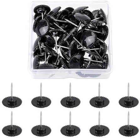 50 Stück Schwarze Reißzwecken, Zahnradförmige Reißnägel Kunststoff für Wandbehänge, Stahlspitze, Korkplatte, Reißzwecken für Karten, Poster, Fotos