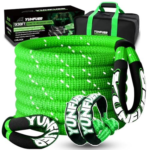 YUNFUER 1 x 30' Kinetic Recovery Tow Rope (48,600lbs) with 2 UHMWPE Soft Shackles (48,600lbs) Heavy Duty Offroad Recovery Rope Kit for Trucks SUV UTV ATV Tractor Car Jeep (Green)