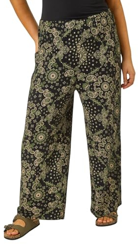 Roman Curve Abstract Spot Print Palazzo Trouser for Women UK - Ladies Everyday Holiday Spring Summer Comfy Soft Evening Vacation Work Party - Khaki Plus - Size 20