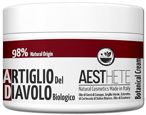 Pomata Artiglio Del Diavolo Forte Biologico 98% Naturale Crema Con Argilla Verde Antinfiammatoria e Olio di Semi di Canapa Extra Forte Per Muscoli e Articolazioni Contrasta Fastidi Aesthete 250ml