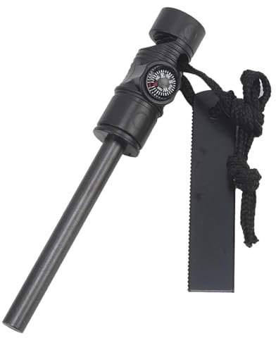 AEIOPRS Kit Acciarino Pietra Focaia per Avviare Fuoco - Sopravvivenza con Fischietti Bussola e Raschietto - Multiutensile per Campeggio Trekking ed Escursioni