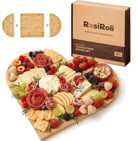 RosiRoli Charcuterie Board and Serving Set -Natural Bamboo Cheese Board Snack Tray Set with Magnetic - House Warming Gifts New Home, Wedding Gift, Bridal Shower Gift, Gifts for Mom & Women