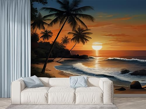 Boceoey Papier Peint Panoramique Coucher De Soleil Palmiers - Papier Peint Intissé Autocollant - Plage Océan Décoration Murale - Adhésif Mural pour Salon Chambre, 250x175 cm - N-584