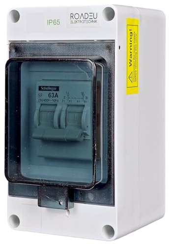 RoadEu - Interruptor de alimentación 63A de 2 polos – Conmutador de fuente de alimentación I-0-II para energía de emergencia – Interruptor con carcasa impermeable IP65 para montaje – Para casa, taller
