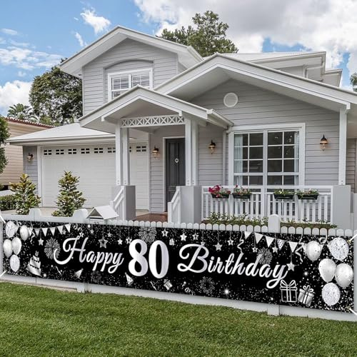 PartyYaa 80. Geburtstag Banner, 80. Geburtstagsbanner Deko, Extra Großes Happy Birthday Banner Party Fotoautomaten Hintergrund Deko Schild Poster für Männer und Frauen (Silber Schwarz)