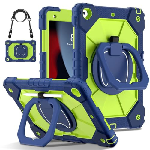 Étui pour iPad 9ème génération 10.2 2021 (couleur : bleu foncé + vert) Coque complète avec support rigide en silicone + sangle
