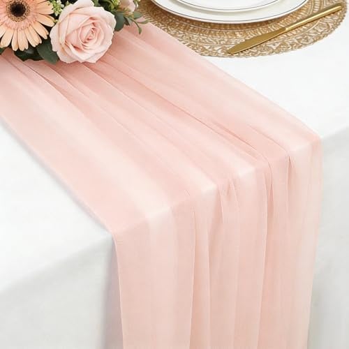 Chemin de Table en Mousseline Rose Clair, 77 x 300 CM Chemins de Table Doux et Confortable en Mousseline de Soie pour Mariage Bohème,Fête, Baptême,Baby Shower ou Décoration de Table de Cuisine