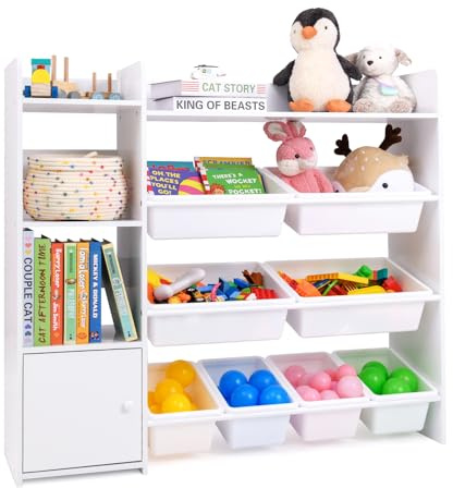 COSTWAY Kids Toy Storage Unit, Children's Toys Box Organiser with 8 Bins, Cabinet and Open Shelves, Large Toddler Bookshelf Rack for Playroom, Kindergarten, Nursery (White)