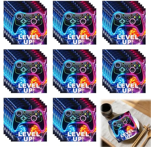 PMELCXD 40 Stück Gaming Servietten 33x33cm – Bunte Videospiel Servietten für Kindergeburtstag – Game On Papierservietten für Gamer Party Jungen – Spiel Party Servietten für Kinder Deko Geburtstag