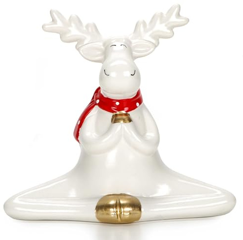 Yoga Tierfigur Elch in Yoga-Position aus Keramik, humorvolle Weihnachtsdekoration, Elch mit rot-weißem Schal und goldenen Hufen, Weihnachtsfigur, Indoor geeignet, Größe (HxB) ca. 14 x 15,5 cm