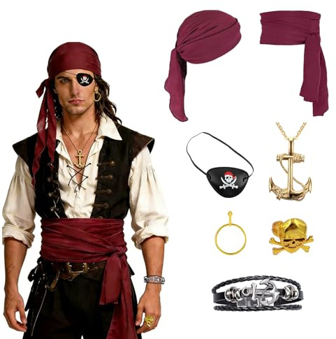 Mittelalter Piratenkostüm Zubehör Set Damen Herren,Dazu gehören Kopftücher,Gürtel,Augenbinden,Ohrringe,Halsketten,Armbänder und Ringe,Geeignet für Halloween,Kostümpartys und Karnevalsfeiern (Claret)