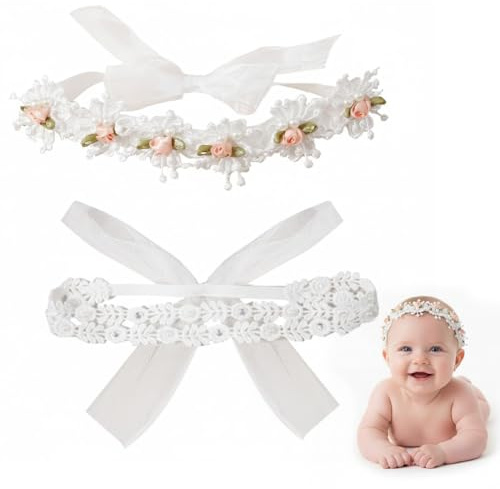 2 Pcs Baby Haarband, Stirnbänder Weiß Dehnbare Stirnband, Taufkleid Baby Mädchen, Haarband Baby Mädchen, DoppelspitzeSpitzebowknot-Haarband Weich, Babygeschenke für Neugeborene