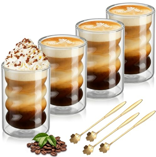 HA BIN Set de 4 Tazas de Café de Cristal Doble Pared 400 ml, Vasos de Vidrio Borosilicato para Latte Macchiato, Cappuccino y Té, Tazas Térmicas con Efecto Flotante y Diseño en Espiral