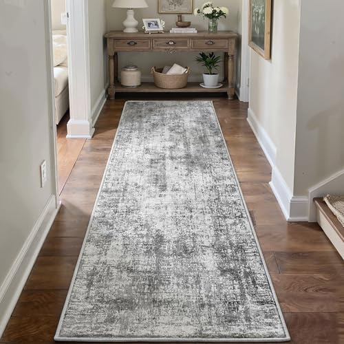 Klyvvo Abstrakt Flur Teppich 80x150cm, Kurzflor Teppich, 1200g/m³ Polyester Maschinwaschbar mit Rutschfester TPE-Unterlage für Schlafzimmer Wohnzimmer Küche, Esszimmer, läufer, Grau