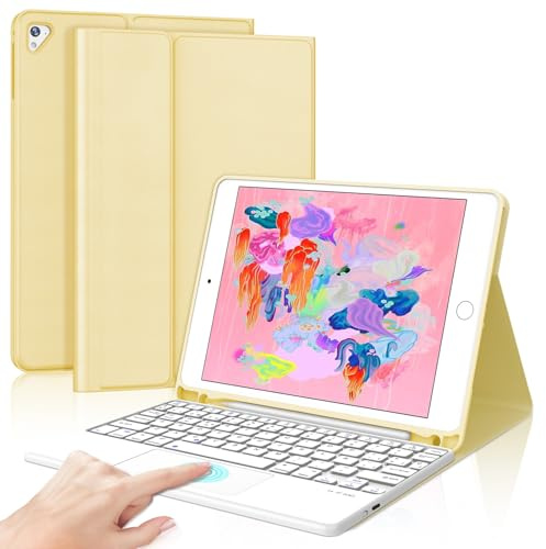 Funda Teclado para iPad 6 Generación 2018/5 Gen 2017 9.7/Air 2/1/Pro 9.7 | Capa Keyboard Touchpad Bluetooth Magnético, QWERTY Español Ñ, Case Desmontable para iPad 9,7 pulgadas, Amarillo claro