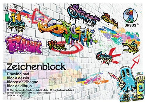Ursus 4864000 - Zeichenblock Street Art, hochweiß, DIN A3, 30 Blatt, 120 g/qm, holz und chlorfrei, aus extra strakem Schulzeichenpapier, ideal für die Schule oder in der Freizeit