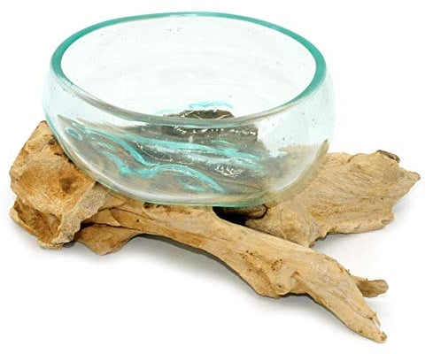 Root with Glass Bowl Small Bowl Decorative Bowl Glass on Wood Diameter 12-13 cm Wooden Decoration Teak Wood Decoration (Root 17-20 cm)