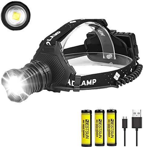 Stirnlampe LED Wiederaufladbar USB,600000 hohes Lumen Stirnlampe LED,Superhell Kopflampe mit 5 Modi,wasserdichte zoombare Stirnlampe für Camping, Reisen, Wandern, Angeln