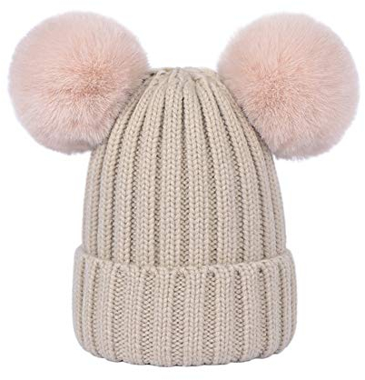 Damen Unisex Mütze Strickmütze Fellbommel Bommel Strick Mütze Winter-Mütze Bommelmütze mit 2 Bommeln (Beige,M: 36-60cm)