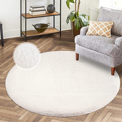 carpet city Hochflor Teppich Wohnzimmer - Einfarbig Weiss - 120x120 cm Rund - Super Soft Polyester, Samtig-Flauschiger Flor - Fell-Teppiche für Schlafzimmer, Esszimmer, Arbeitszimmer