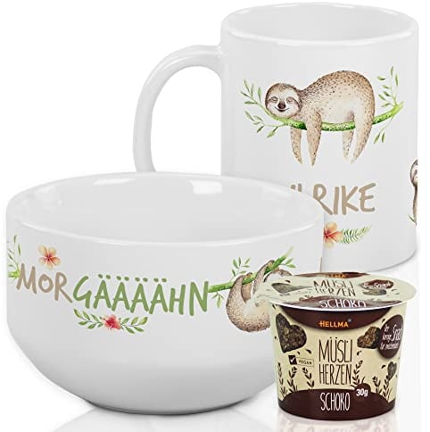 GRAZDesign Geschenkset Erwachsene Frühstücksset mit Müslischüßel und Tasse, Frühstücks-Geschirr-Set, mit Namen personalisiert Lustige Müslischale Faultier mit Spruch, Keramik