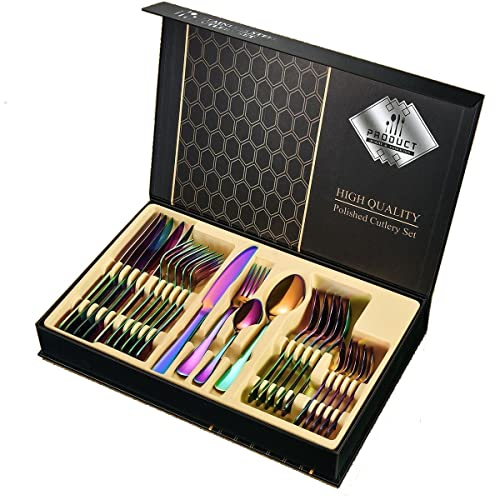 Faizee Möbel | Besteck Set Edelstahl für 6 Personen 24-teiliges Besteckset hochglanzpoliert Spülmaschinenfest Gift Box (Regenbogen)