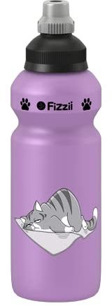 Fizzii Kinder- und Freizeittrinkflasche 500 ml, Motiv Katze, Farbe flieder (auslaufsicher bei Kohlensäure, schadstofffrei, spülmaschinenfest)